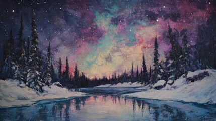 Aufkleber - Stunning Night Sky Over Frozen Lake with Reflections of Colorful Auroras and Silhouetted Pine Trees in a Serene Winter Landscape