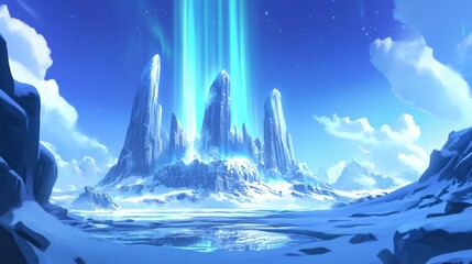 Poster - Stunning Winter Landscape with Majestic Ice Peaks and Ethereal Aurora Displaying Bright Blues and Whites in a Serene, Peaceful Scene Ideal for Nature Themes