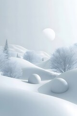 Poster - Abstract 3D winter landscape with minimalist trees and snow AI generated illustration