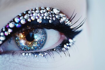 Poster - Close-up shot of a person's eye with glitter applied, ideal for use in beauty or fashion concepts