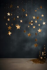 Poster - An empty New Year scene with a minimalist decoration of golden stars AI generated illustration