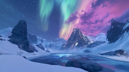 Poster - Majestic Northern Lights Illuminate a Snowy Mountain Landscape with Reflective Water in a Winter Wonderland Scene