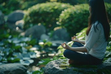 Poster - A woman sits atop a rocky outcropping beside a serene river
