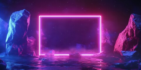 Poster - Surreal Neon Frame Surrounded by Vibrant Rocks and Ethereal Mist in a Dreamy Night Landscape with Stars and Cosmic Vibes