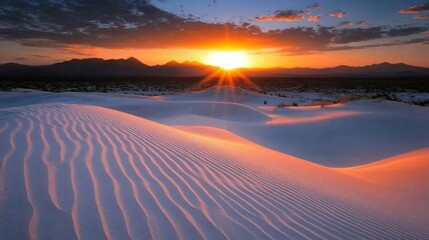 Poster - Captivating Sunset Over Serene Sand Dunes with Stunning Orange and Gold Hues in an Iconic Desert Landscape