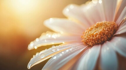 Aufkleber - Close-Up Perspective of a Delicate Flower Petal Adorned with Sparkling Water Droplets Against a Soft and Dreamy Background of Warm Light