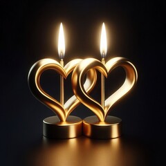 two golden heart shaped candles with flickering flames stand side by side on a black background, symbolizing love and romance