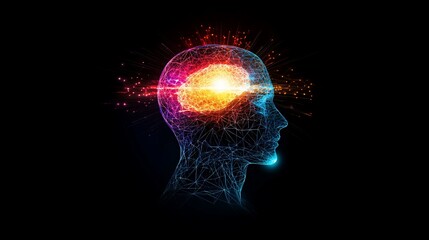 Poster - A glowing human head with an abstract brain inside, representing knowledge and innovation.