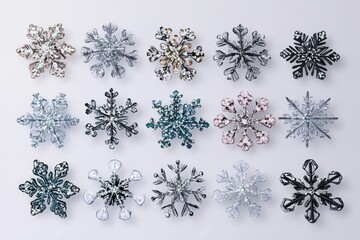 Poster - A collection of unique snowflakes sit on a table, showcasing their intricate designs and patterns
