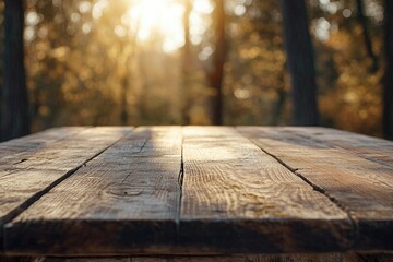 Poster - A rustic wooden table standing alone in the midst of a dense forest, surrounded by tall trees and underbrush
