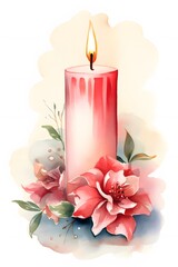 Fototapete - Beautiful Christmas candle displayed in a watercolor style for card print AI generated illustration