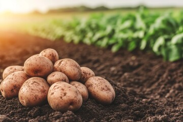 Freshly Harvested Potatoes on Farm Soil with Green Crop Background at Sunrise