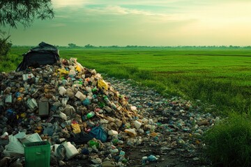 Poster - A pile of garbage sits on top of a beautiful, lush green field, highlighting the contrast between nature and human waste