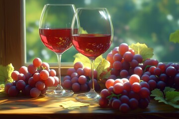 Poster - A pair of wine glasses filled with red wine, accompanied by a cluster of ripe grapes