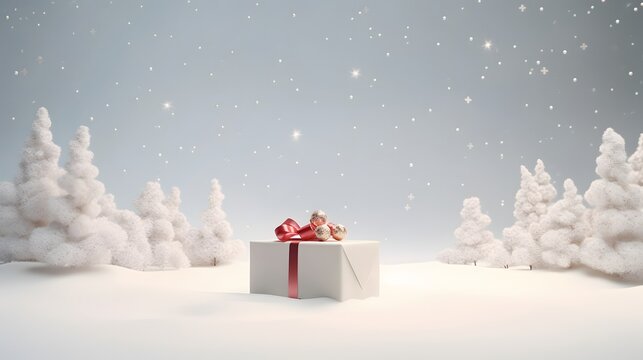 Christmas scene full of white space featuring only a lone present AI generated illustration