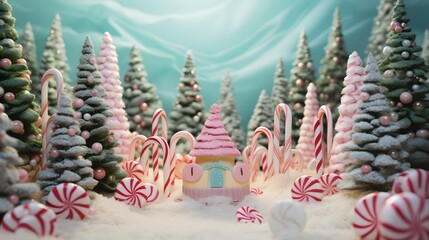 Poster - Craft a pastel candy cane forest for a sweet Christmas birthday AI generated illustration
