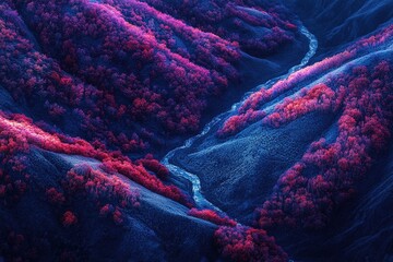 Aufkleber - A serene scene of a river flowing through a lush green valley with trees and hills in the background