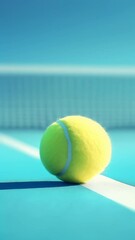 Poster - Bright yellow tennis ball sits on the white line of a vivid blue tennis court, with the net slightly blurred in the background, creating a dynamic sports scene