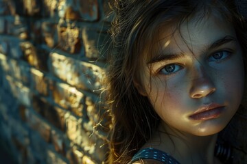 Poster - A person stands or sits next to a brick wall, great for use in portraits, street scenes, or urban settings