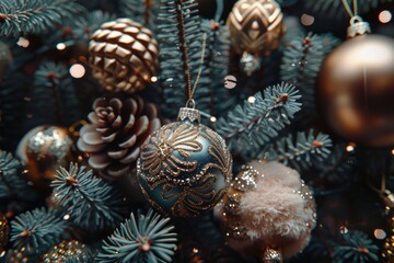 Poster - A close-up shot of a decorated Christmas tree with ornaments and lights