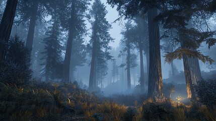 Aufkleber - Explore the mystical beauty of a fog-covered forest at dawn with towering trees and enchanting light