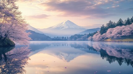 Wall Mural - Lake reflects snow peaks pink petals float dawn paints sky in soft colors