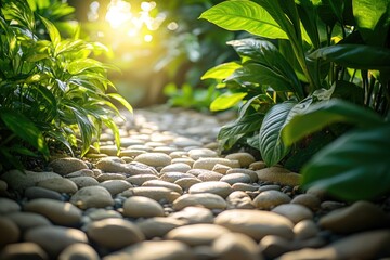 Sticker - A serene natural pathway amidst lush green plants and rocks