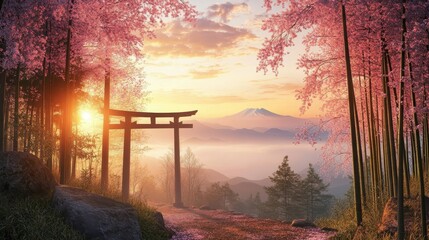 Wall Mural - Cherry blossoms and bamboo frame torii gate distant misty mountains serene