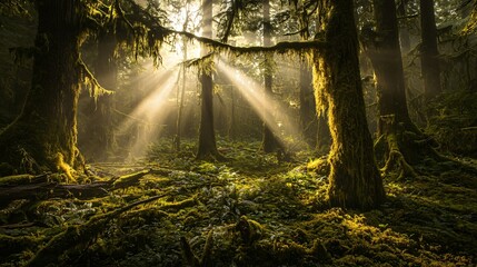 Poster - Explore the enchantment of a mystical forest illuminated by sunlight beams breaking through the trees
