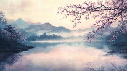 Wall Mural - Dusk colors river softly cherry blossoms hang above mountains fade in mist