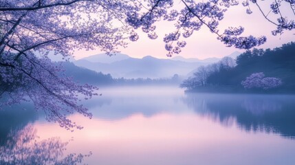 Wall Mural - Pastel dusk lights river cherry blossoms and misty hills glow serenely nearby