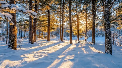 Aufkleber - Experience tranquility in a peaceful snowy forest with tall pine trees illuminated by soft sunlight