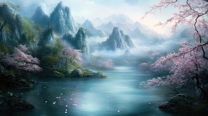 Wall Mural - Pastel blossoms fall over river misty mountains and soft afternoon light glow