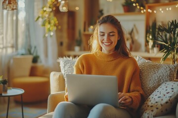 Poster - A person sitting on a couch using a laptop, possibly for work or personal use