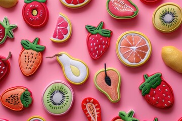Poster - Colorful fruit patches on a bright pink background
