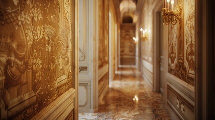 Poster - A long, dimly lit hallway with a chandelier and clock on the wall