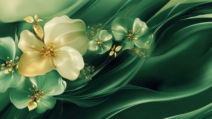 Wall Mural - Gold and emerald floral patterns on a silky texture glowing gradients adding depth to minimal abstract shapes