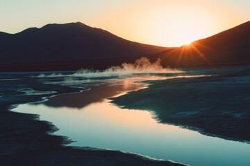 Aufkleber - A serene landscape with the sun setting behind the water and mountains, suitable for use in travel or outdoor-themed projects