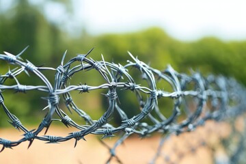 Poster - A close-up view of a barbed wire fence, ideal for use in scenes where confinement or security is the focus