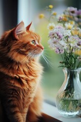 Poster - A domestic cat sits on a windowsill next to a vase of fresh flowers
