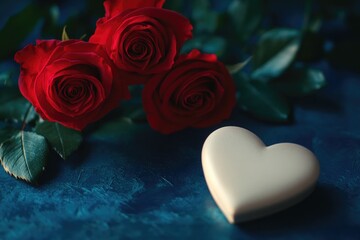 Poster - A bouquet of three roses with a heart symbol on a blue surface, ideal for romantic occasions or Valentine's Day themes