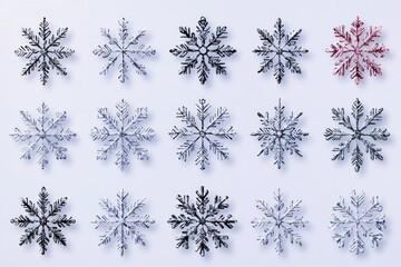Poster - A cluster of unique snowflakes on a white background, perfect for winter or cold-themed designs