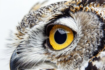 Poster - A close-up image of an owl's eye on a white background, suitable for use in nature or wildlife-related contexts