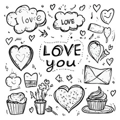 Sticker - Vector doodle-style Valentine's Day clipart, black and white vector illustration of love elements.