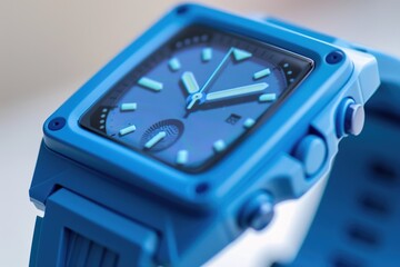Poster - Close-up shot of a watch with a blue face, suitable for use in articles about timepieces or fashion accessories