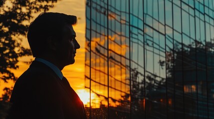 Poster - A person standing outside a large city building, ideal for use as a background or illustration
