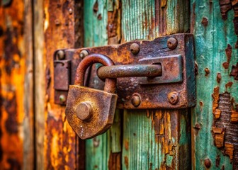 Canvas Print - A close-up reveals the textured surface of a rusted garage door padlock.