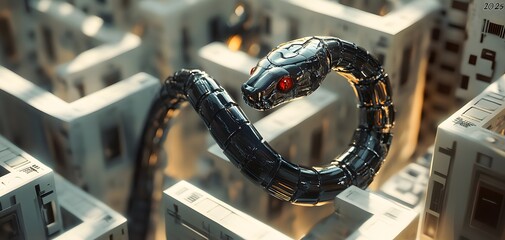 Poster - A futuristic robotic snake with glowing red eyes slithering through a maze of digital architecture, symbolizing advanced technology and artificial intelligence.