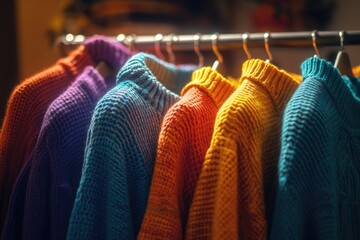Poster - A collection of vibrant sweaters displayed on a clothes rack, perfect for fashion or lifestyle content