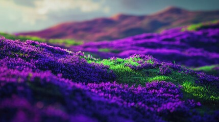 Poster - Field of purple flowers against a mountainous backdrop